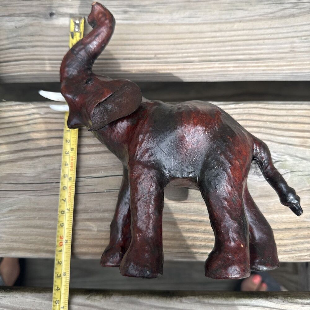 Vintage Elephant Figurine Leather Ears Plastic Tusks Trunk Up Glass Eyes India